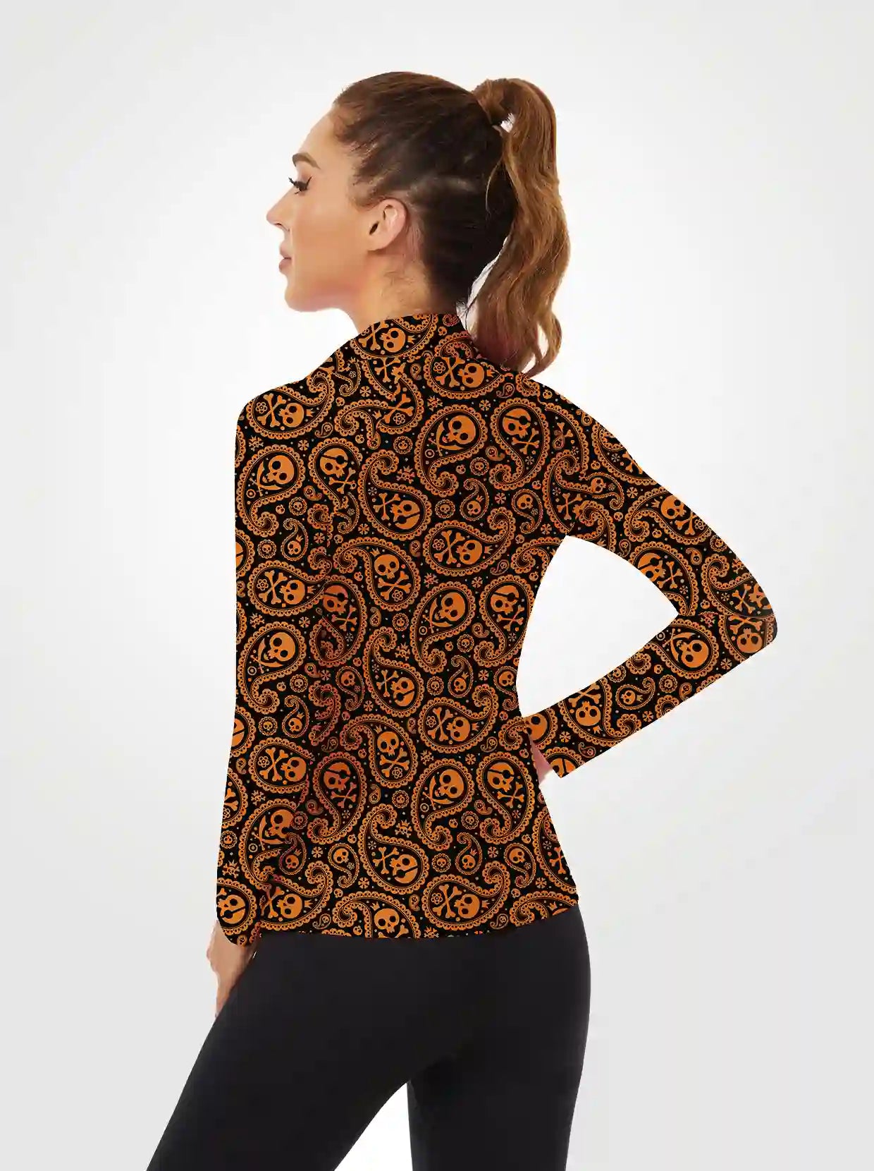 Orange Paisely Quarterzip Long-sleeve Shirt for Women