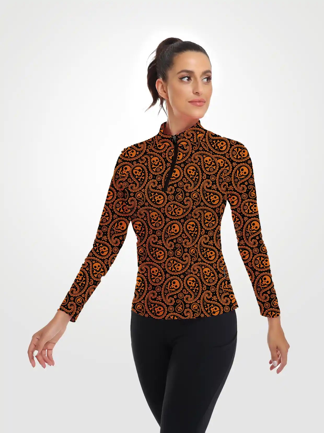 Orange Paisely Quarterzip Long-sleeve Shirt for Women