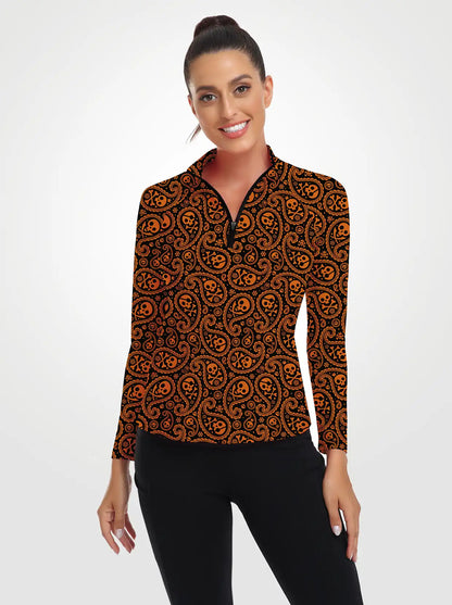 Orange Paisely Quarterzip Long-sleeve Shirt for Women 