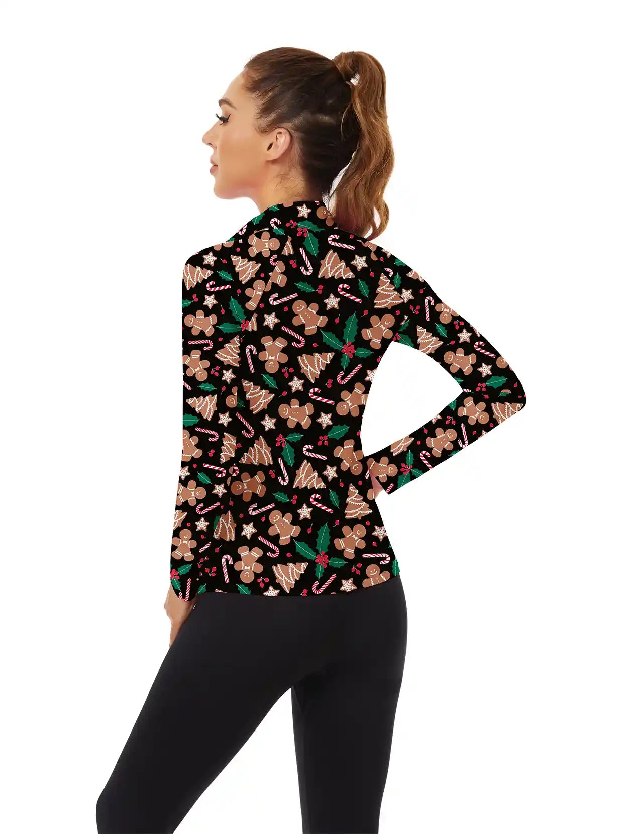 Christmas tree Print on Black Background Long-sleeve Top for Women