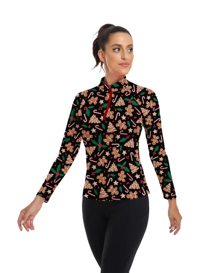 Christmas tree Print on Black Background Long-sleeve Top for Women