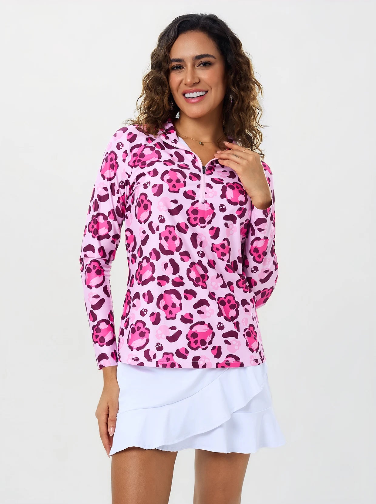 Halloween Pink Skull Quarter-zip Long-sleeve Polo Shirt
