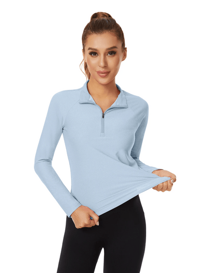 Light Blue Quarter-Zip Collar Long Sleeve Tennis Shirt for Women