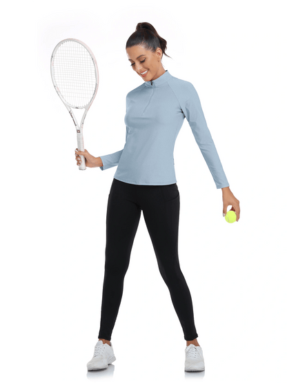 Light Blue Quarter-Zip Collar Long Sleeve Tennis Shirt for Women