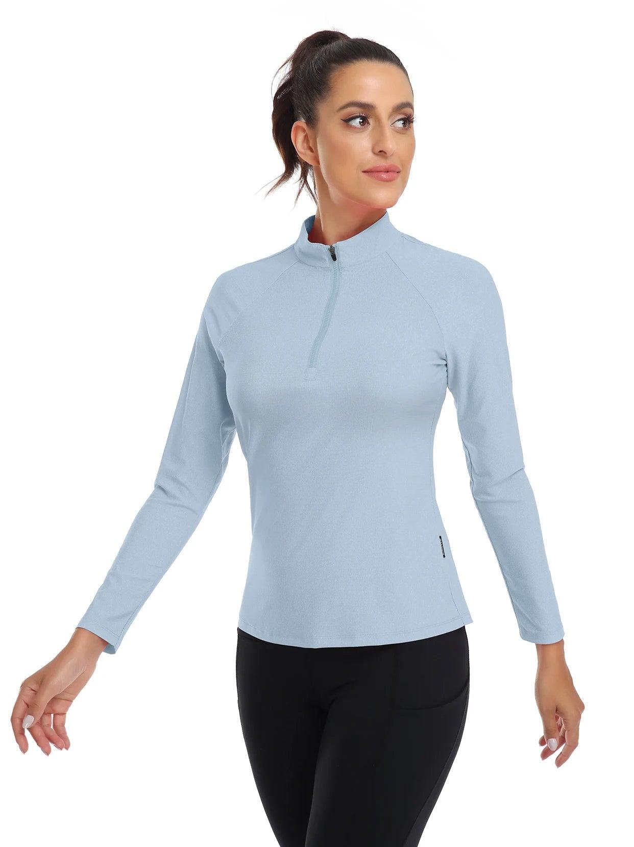 Light Blue Quarter-Zip Collar Long Sleeve Tennis Shirt for Women