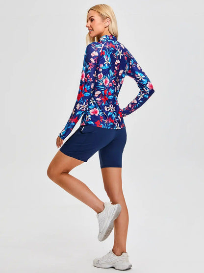 Blue Floral V-Neck Long Sleeve Golf Polo Shirt for Women