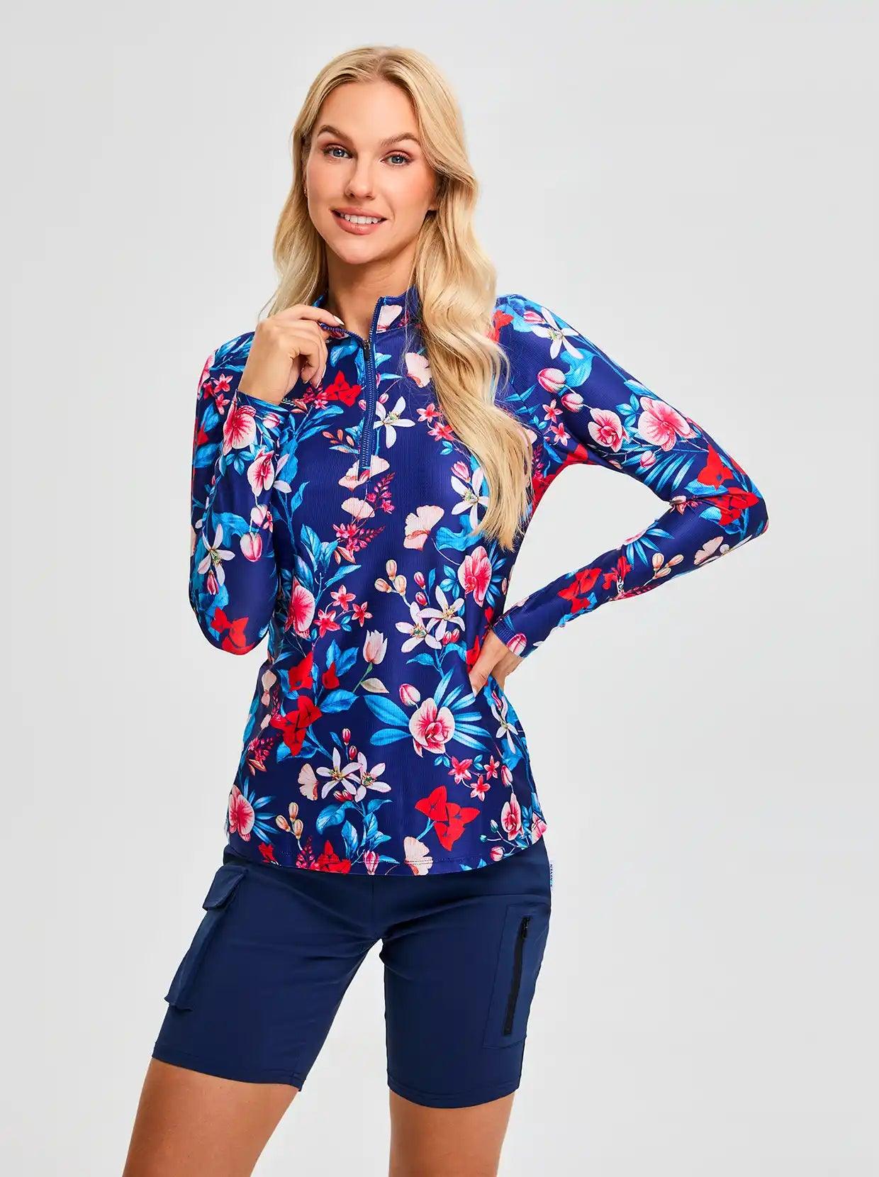 Blue Floral V-Neck Long Sleeve Golf Polo Shirt for Women