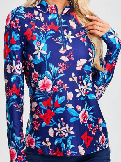 Blue Floral V-Neck Long Sleeve Golf Polo Shirt for Women