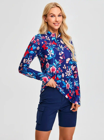 Blue Floral V-Neck Long Sleeve Golf Polo Shirt for Women