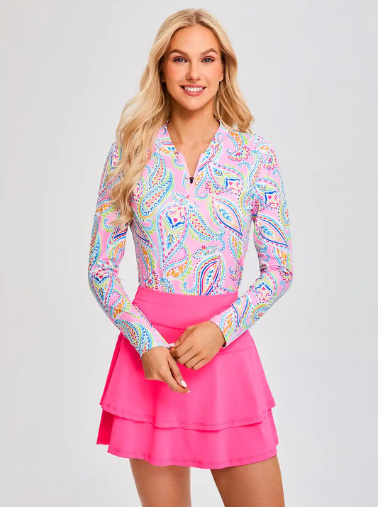 Pink Paisley Quarter-zip Long-sleeve Polo Shirt for Ladies