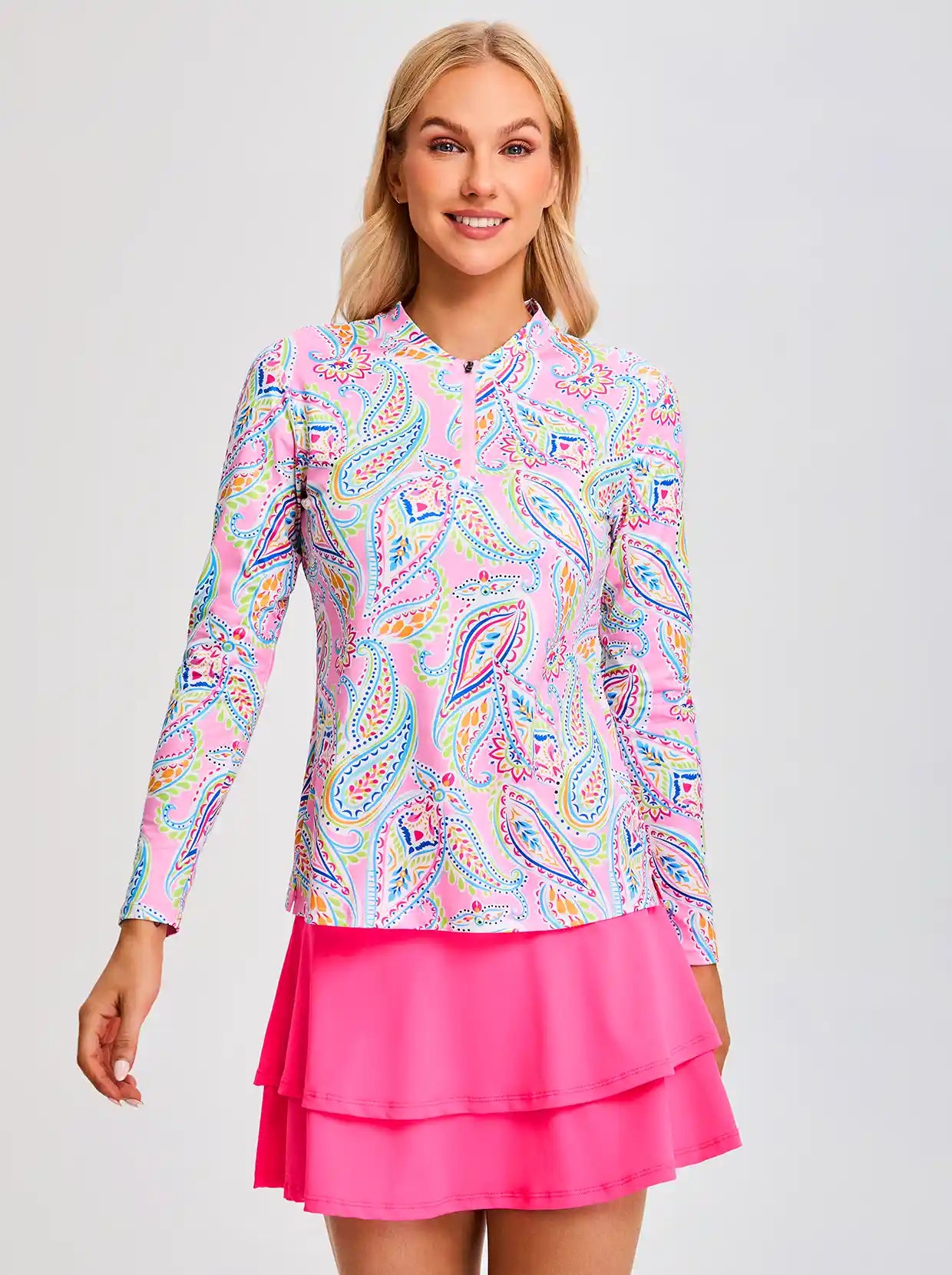 Pink Paisely Quarter-zip Long-sleeve Polo Shirt for Ladies