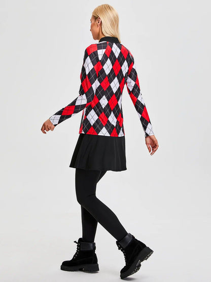 Red and Black Argyle Quarter-zip Long-sleeve Polo Shirt for Women