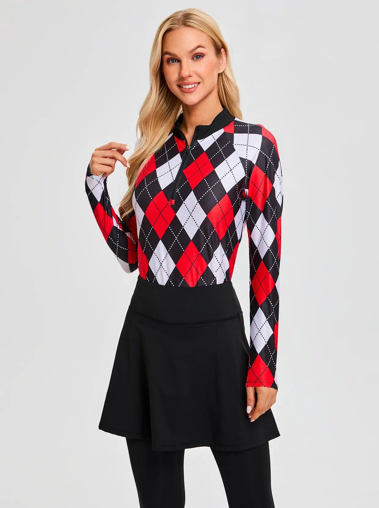 Red and Black Argyle Quarter-zip Long-sleeve Polo Shirt for Women