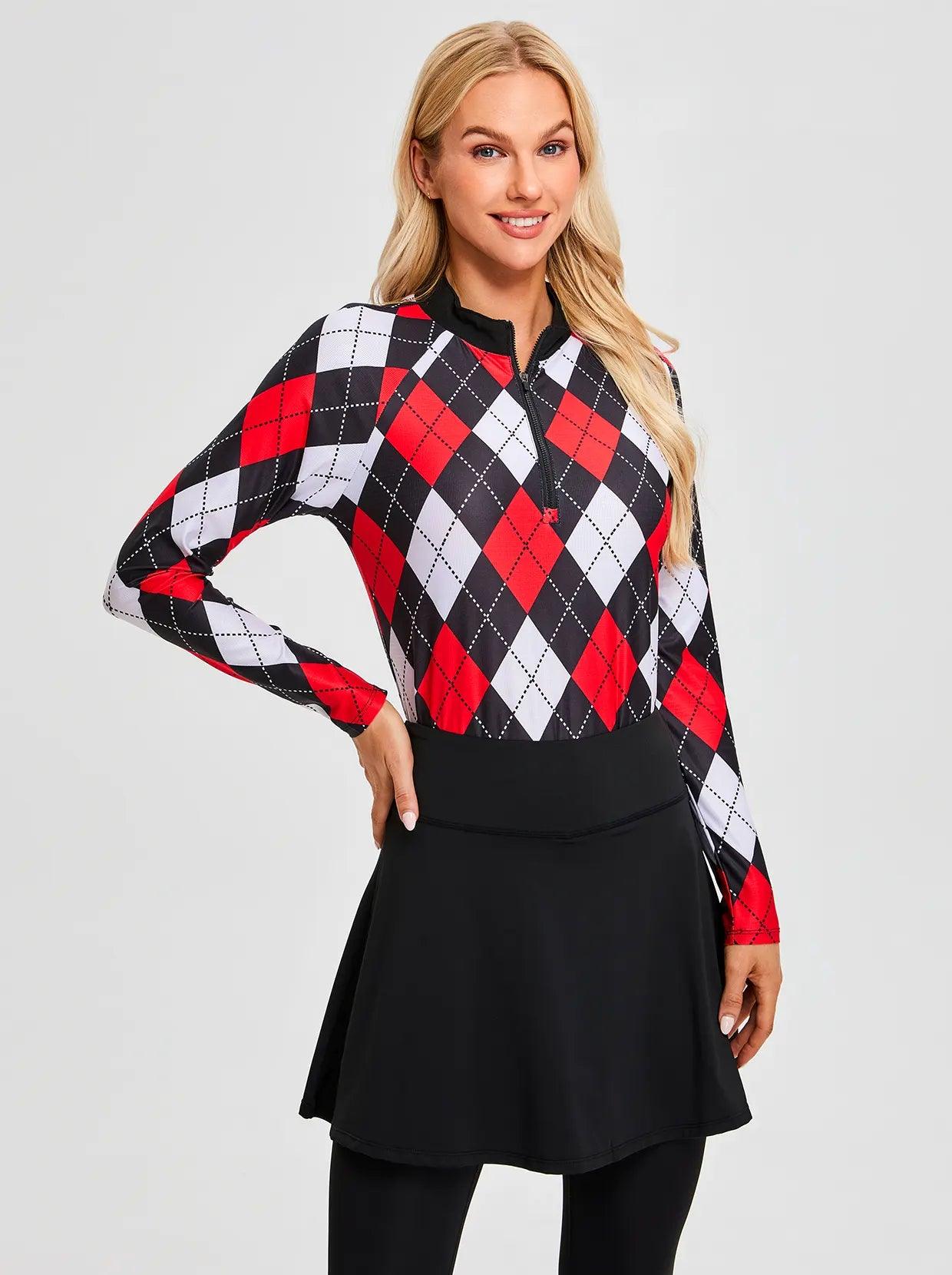 Red and Black Argyle Quarter-zip Long-sleeve Polo Shirt for Women