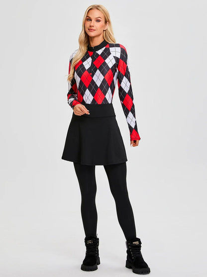 Red and Black Argyle Quarter-zip Long-sleeve Polo Shirt for Women