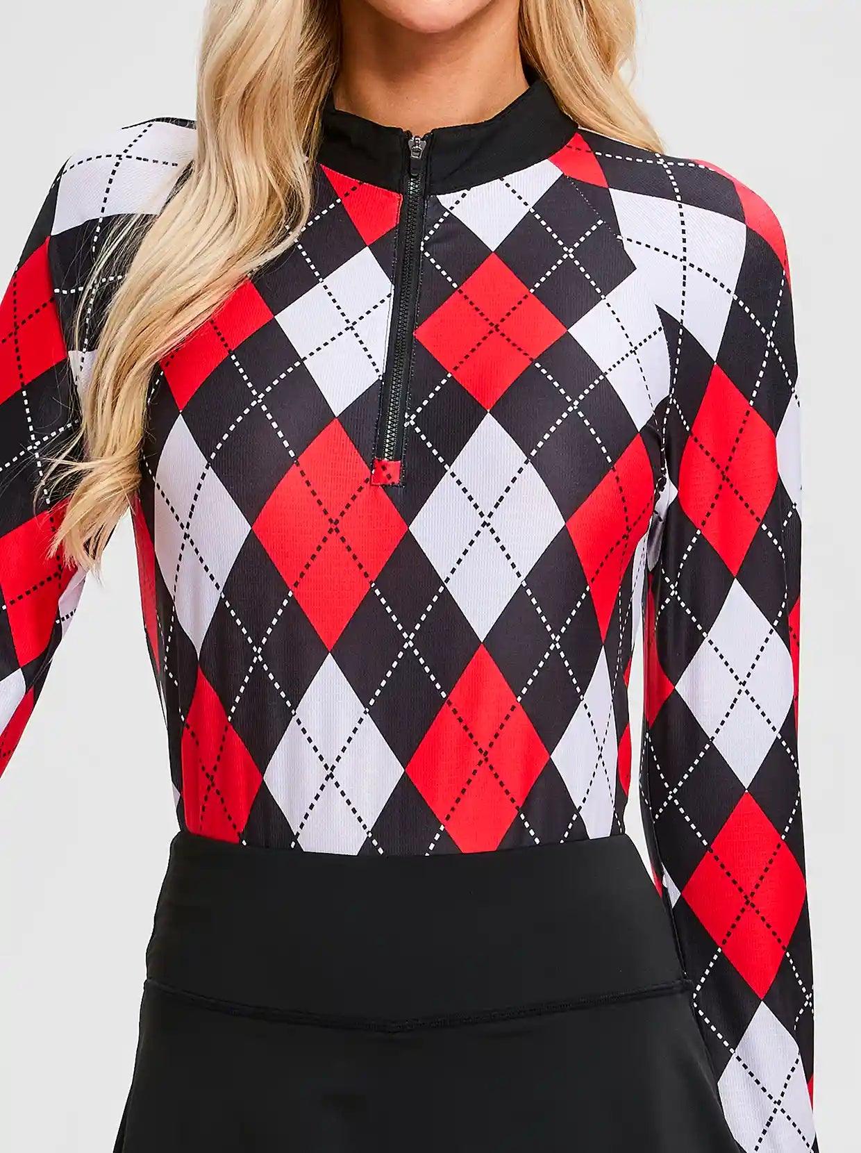 Red and Black Argyle Quarter-zip Long-sleeve Polo Shirt for Women