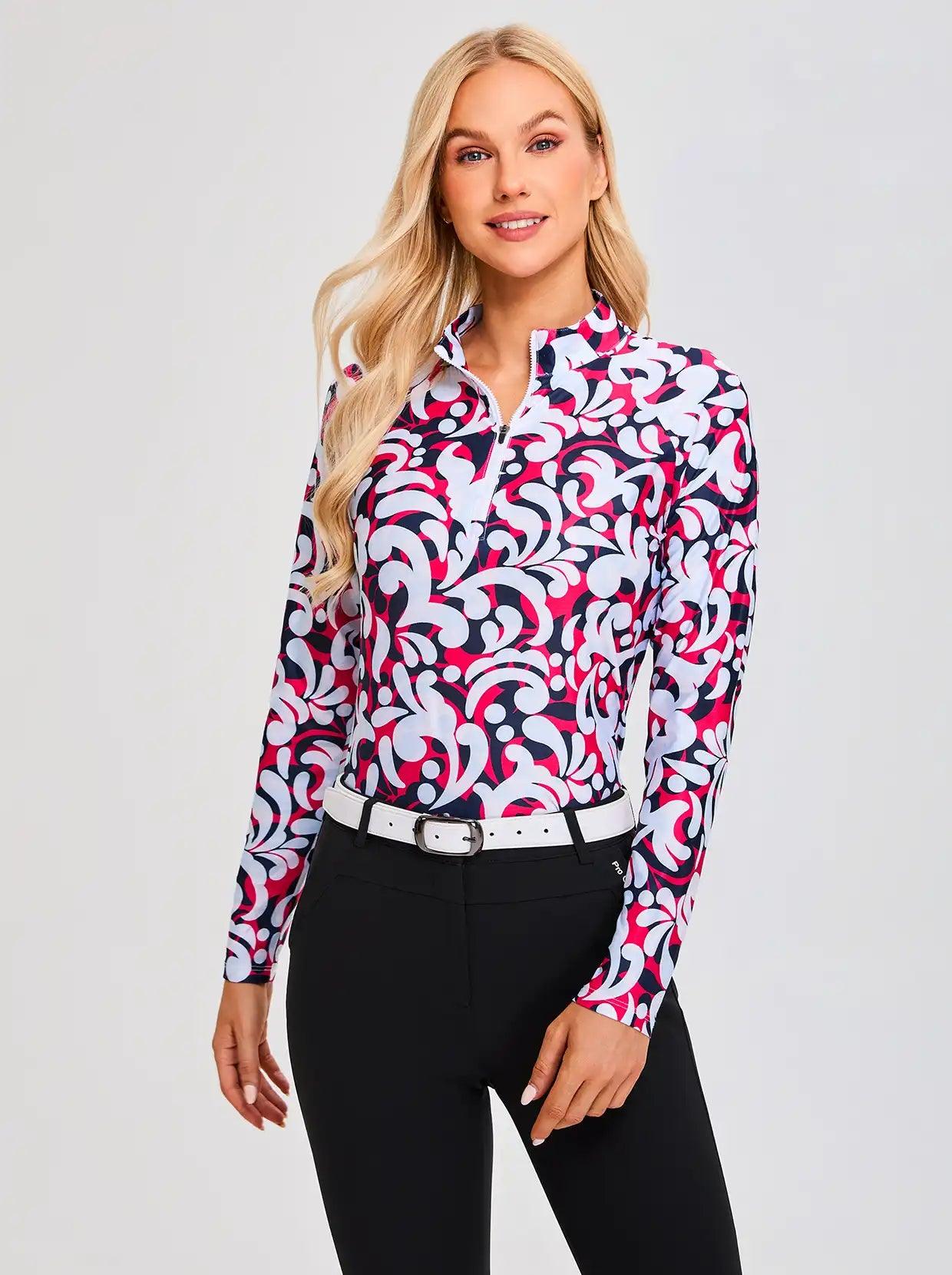 White and Black Print V-Neck Long-sleeve Golf  Polo Shirt for Women