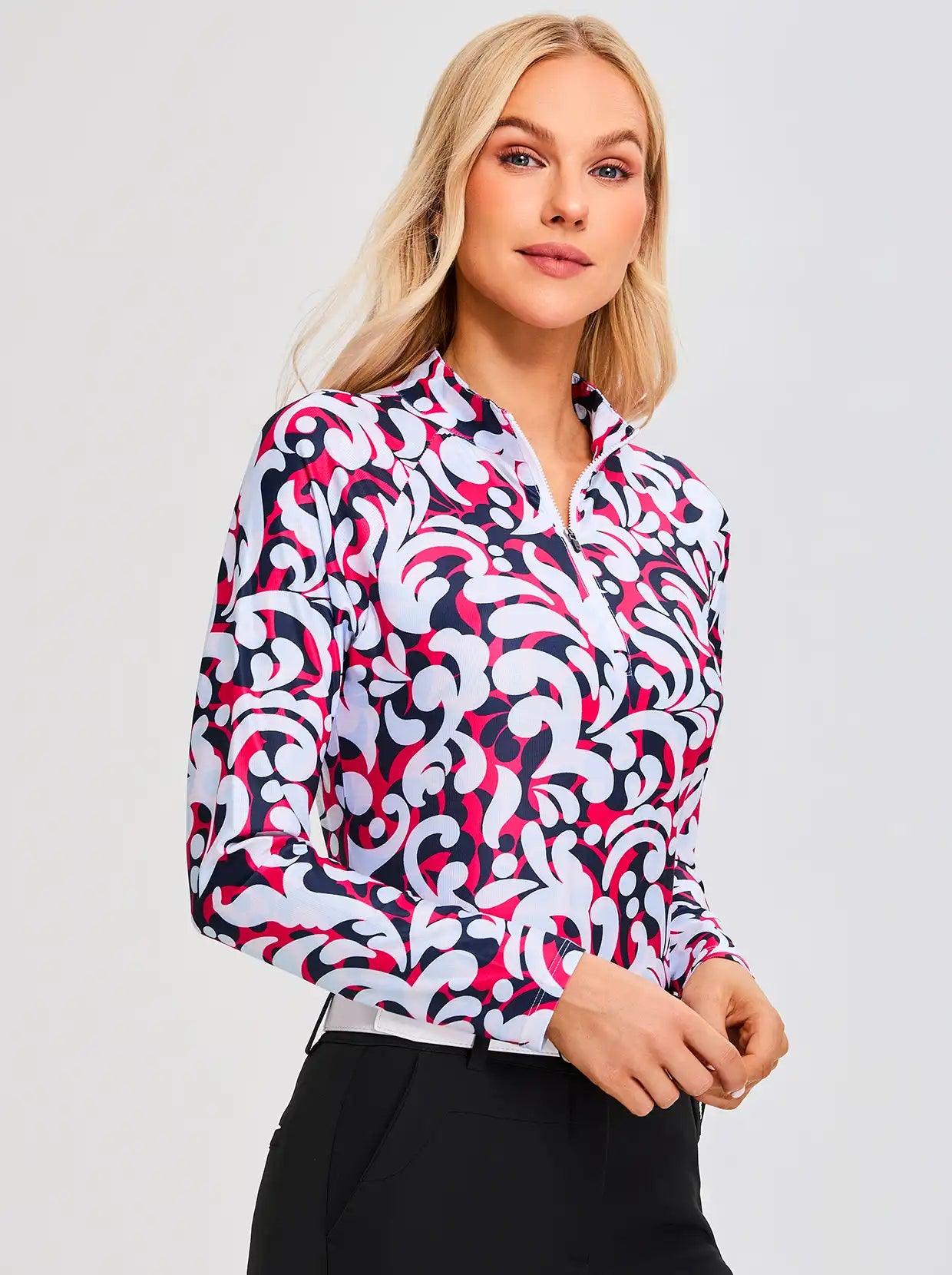 White and Black Print V-Neck Long-sleeve Golf  Polo Shirt for Women