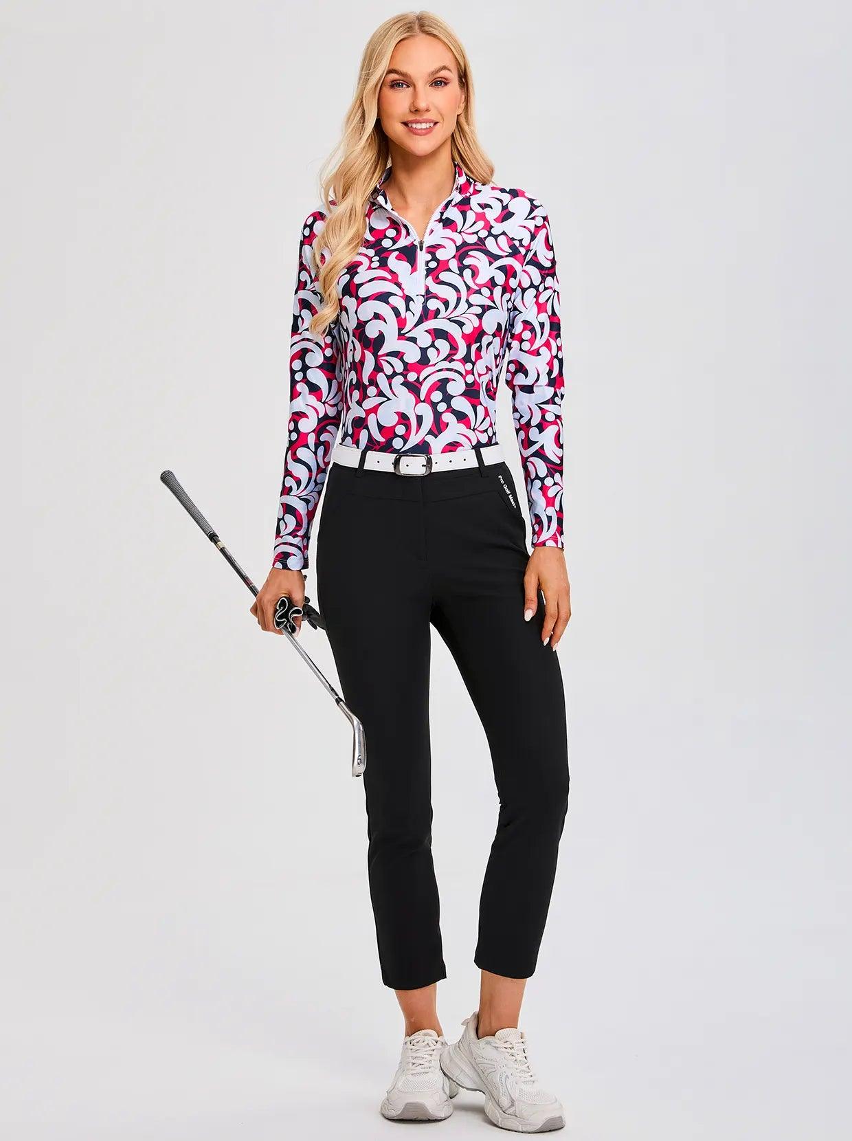 White and Black Print V-Neck Long-sleeve Golf  Polo Shirt for Women