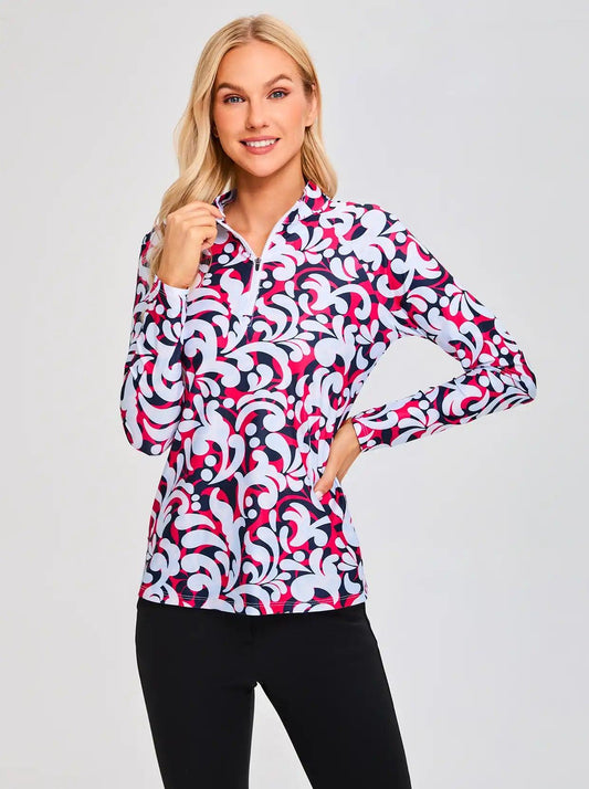 White and Black Print V-Neck Long-sleeve Golf  Polo Shirt for Women