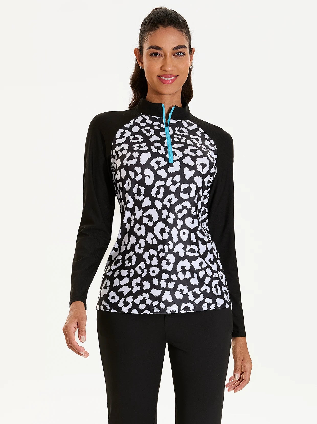 Black Leopard Quarterzip Long-sleeve Shirt for Women