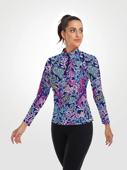 Colorful leaf Quarter-Zip Collar Long Sleeve Shirt for Women