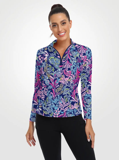 Colorful leaf Quarter-Zip Collar Long Sleeve Shirt for Women 