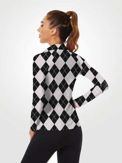 Grey Checkerboard Quarter-Zip Long Sleeve Shirt for Women