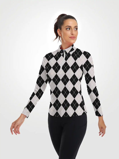 Grey Checkerboard Quarter-Zip Long Sleeve Shirt for Women