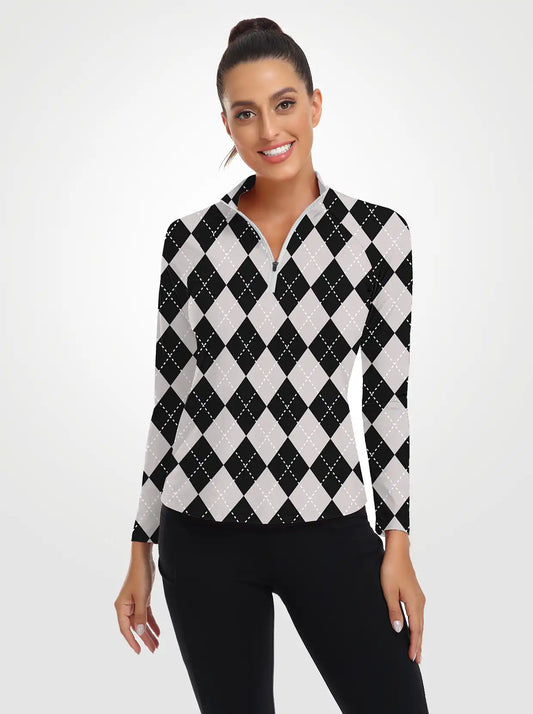 Grey Checkerboard Quarter-Zip Collar Long Sleeve Shirt for Women