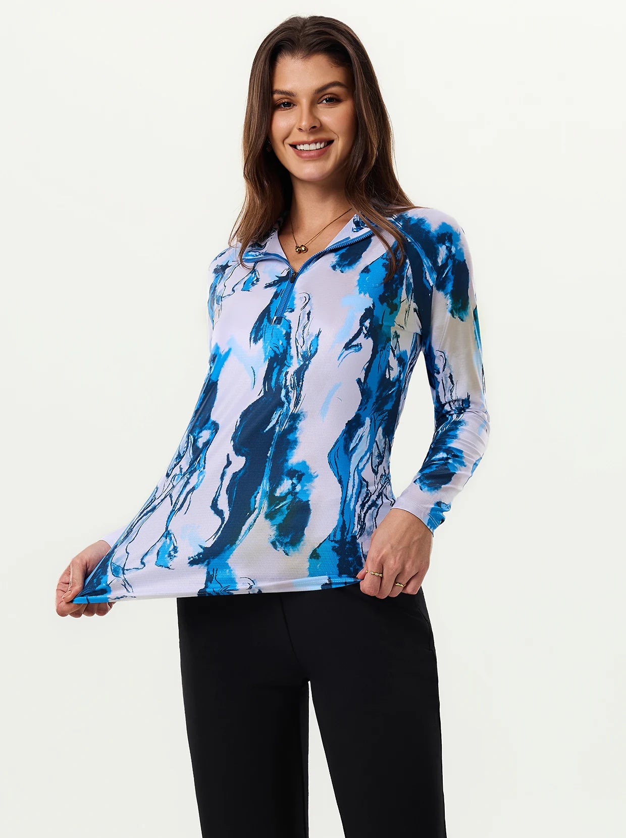 Blue and White Crack Quarter-zip Long-sleeve Shirt for Women