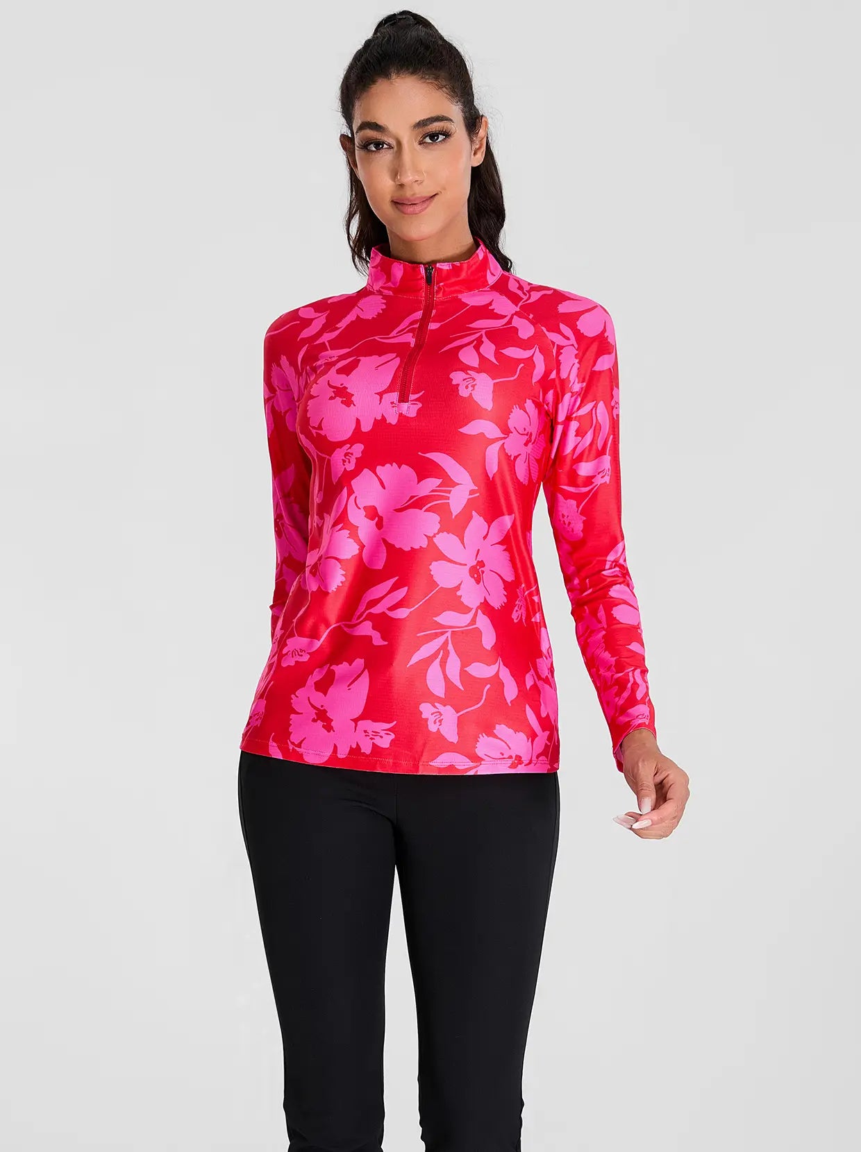 Pink Floral Quarter-zip Long-sleeve Shirt for Women