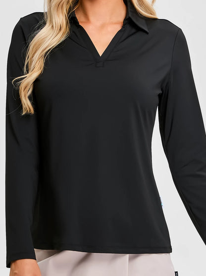 Solid Black V-Neck Long-sleeve Golf Shirt for Women