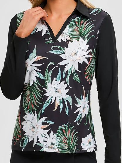 White Floral V-Neck Long-sleeve Golf Polo Shirt for Women