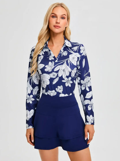 Navy Floral V-Neck Long-sleeve Golf Polo Shirt for Women