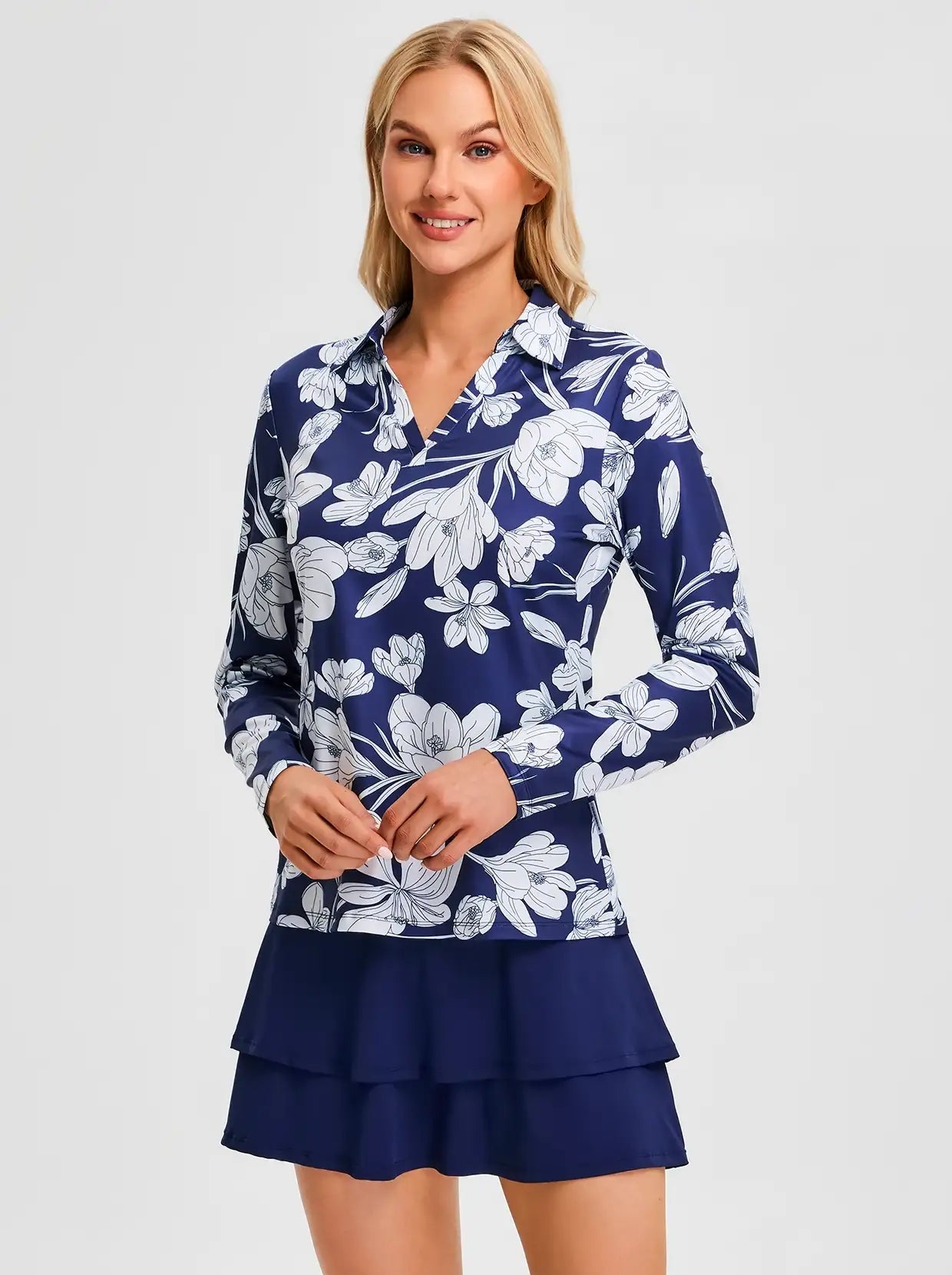 White Leaves on Colorful Background V-Neck Long-sleeve Golf Shirt for Women