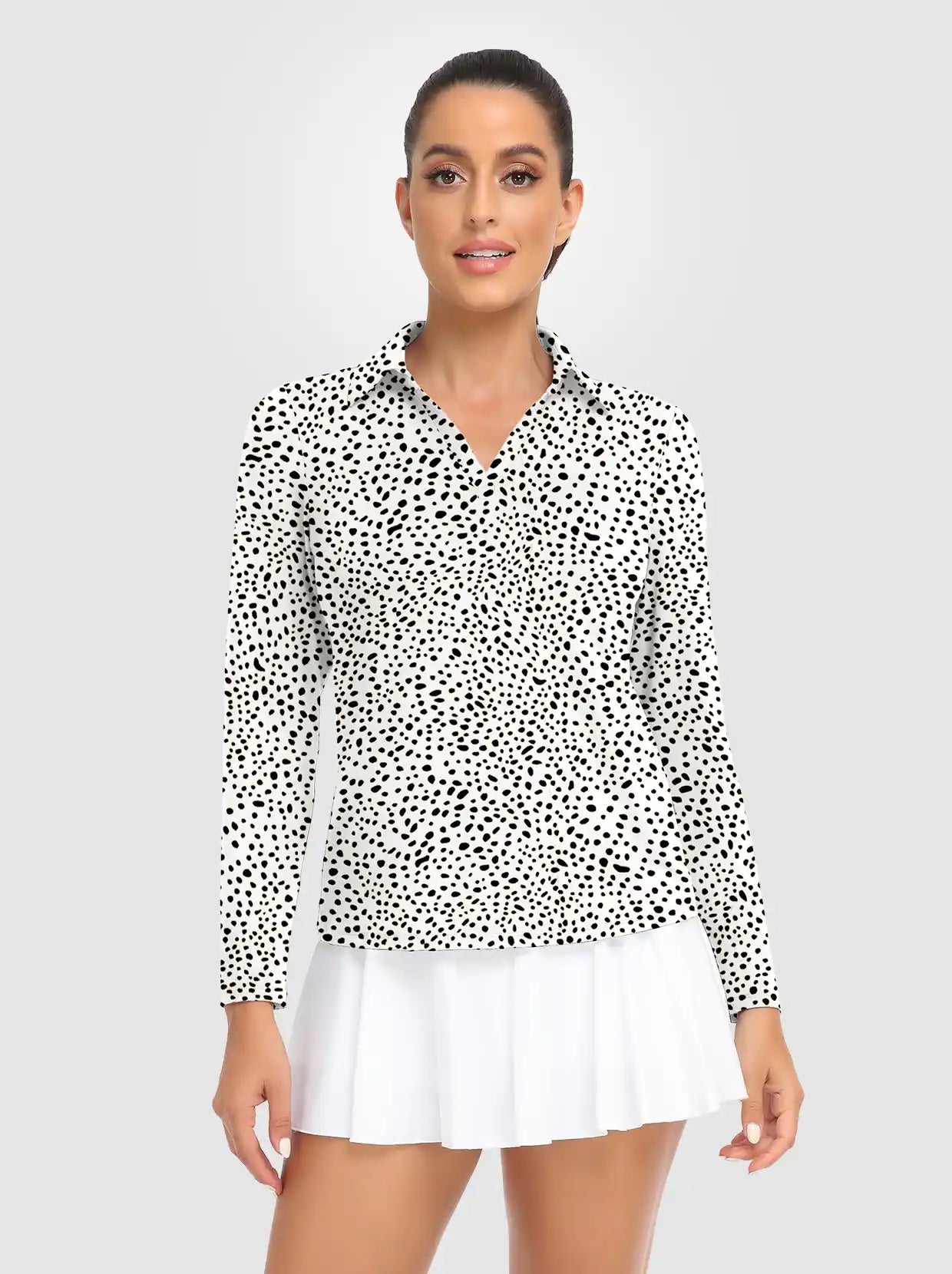 Black Spots V-Neck Long-sleeve Polo Shirt for Women