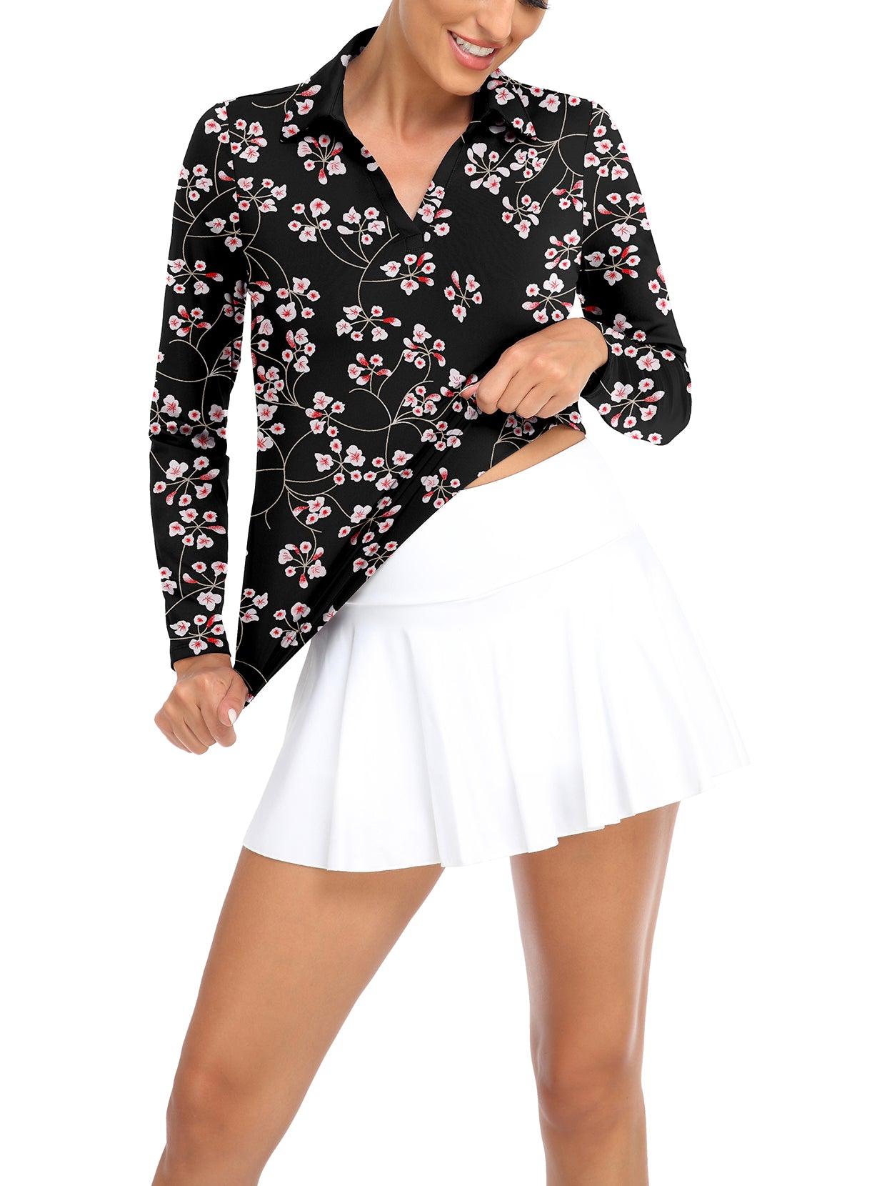 Green Floral V-Neck Long-sleeve Golf Shirt for Women