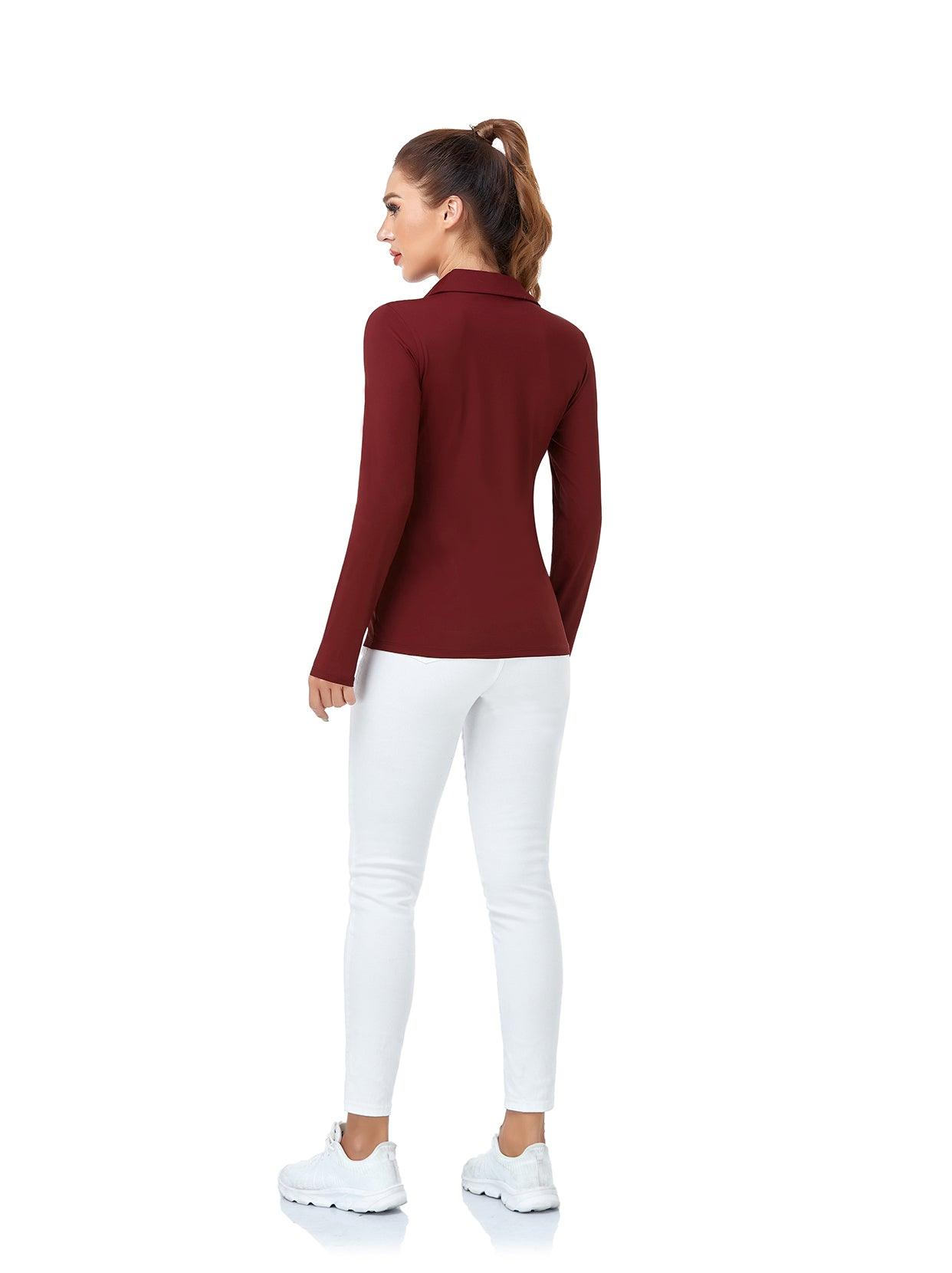 Wine Red V-Neck Long Sleeve Polo Shirt for Women