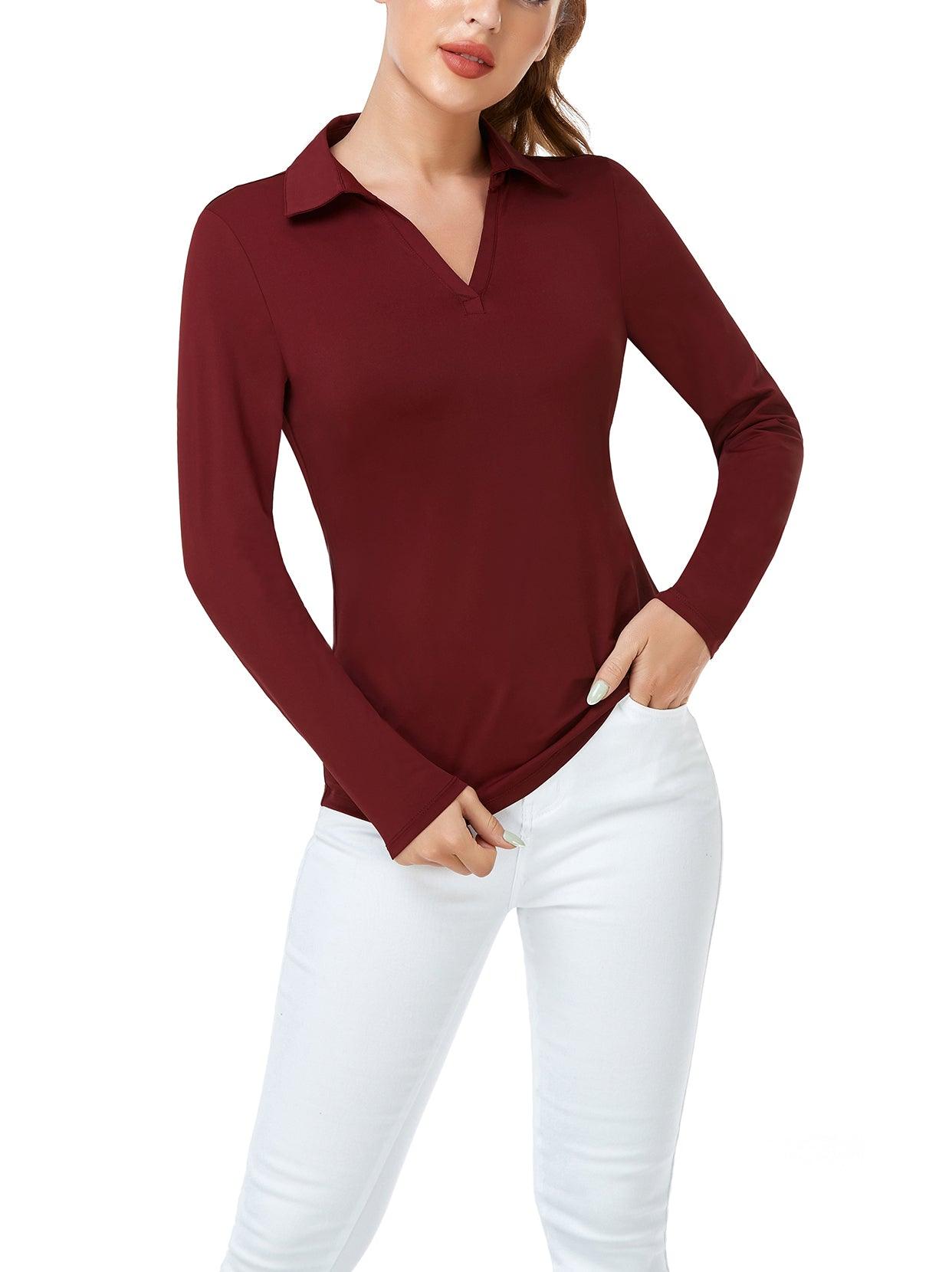 Wine Red V-Neck Long Sleeve Polo Shirt for Women