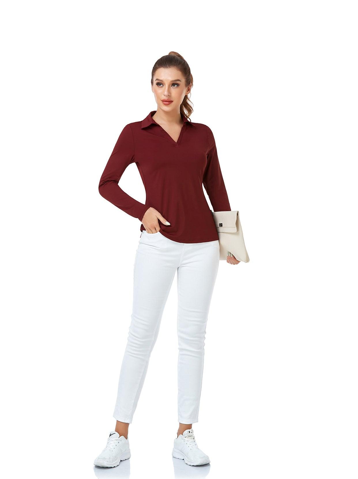 Wine Red V Neck Long Sleeve Polo Shirts for Women