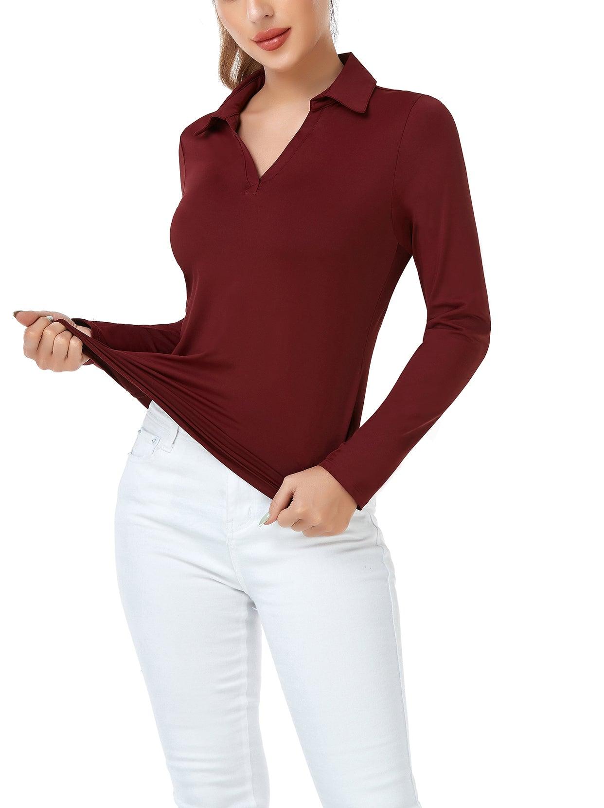 Wine Red V-Neck Long Sleeve Polo Shirt for Women