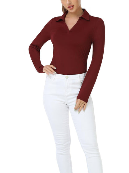 Wine Red V-Neck Long Sleeve Polo Shirt for Women