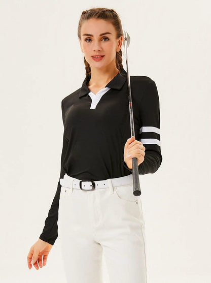 Black V-Neck Long Sleeve Shirt for Women - Suitable for Golf