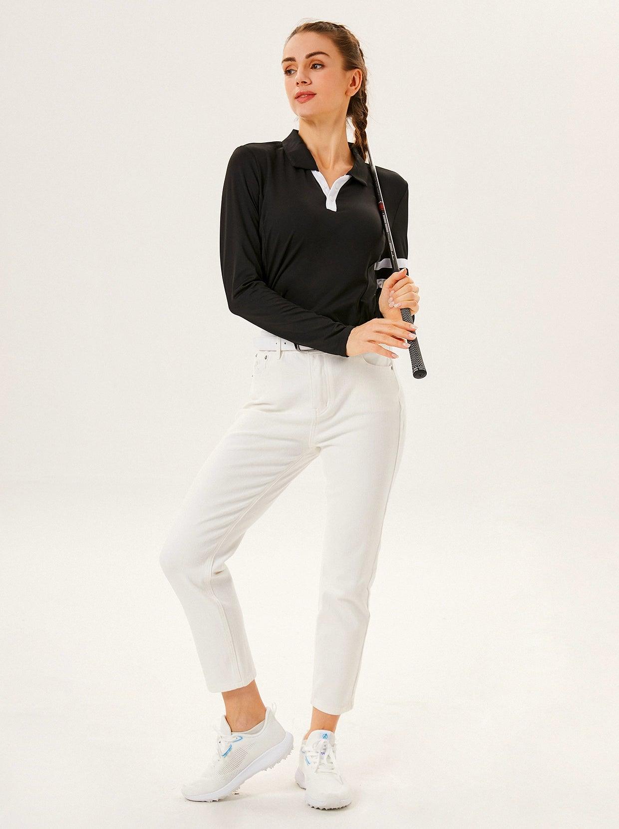 Black V-Neck Long Sleeve Shirt for Women - Suitable for Golf