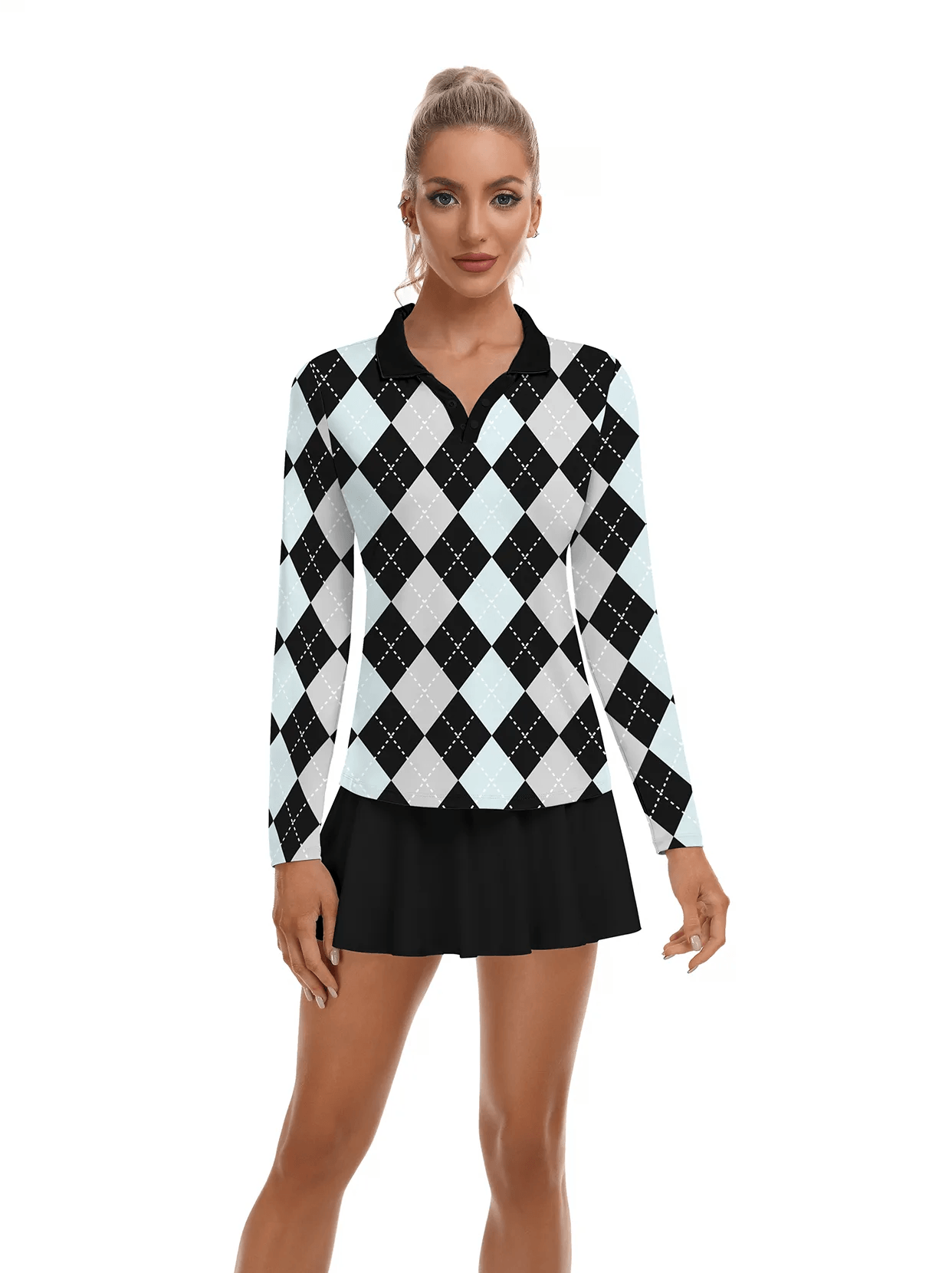 Black and Blue Argyle V-Neck Long Sleeve Polo - Suitable for Outings