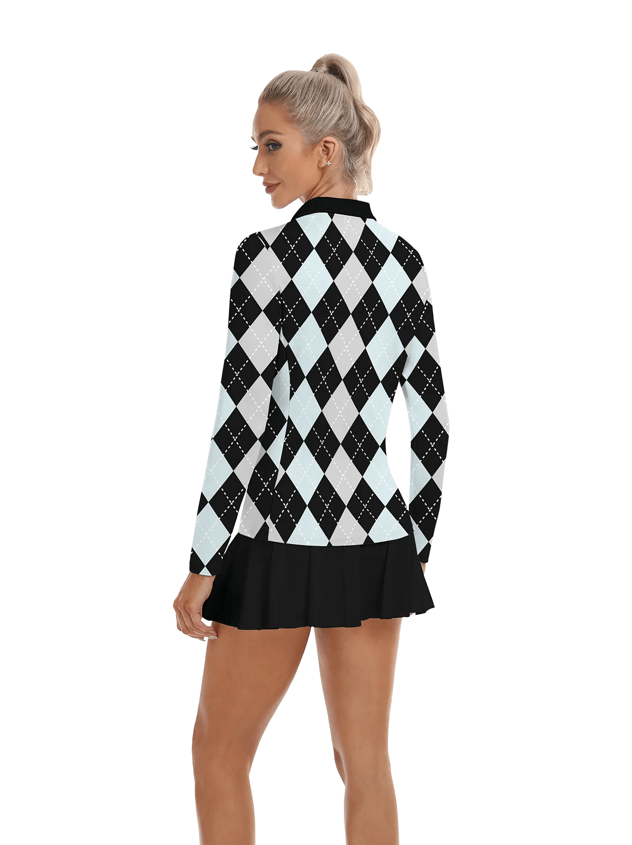 Black and Blue Argyle V-Neck Long Sleeve Polo - Suitable for Outings