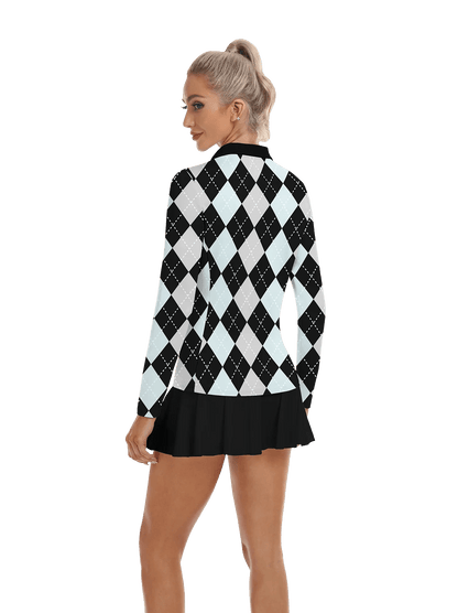 Black and Blue Argyle V-Neck Long Sleeve Polo - Suitable for Outings