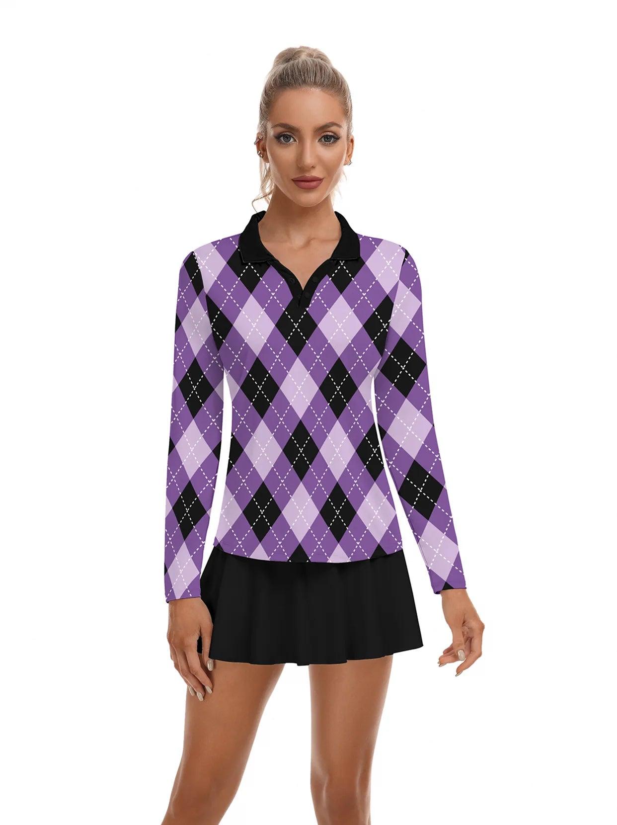 Purple and Black Argyle V-Neck Long Sleeve Polo - Suitable for Daily