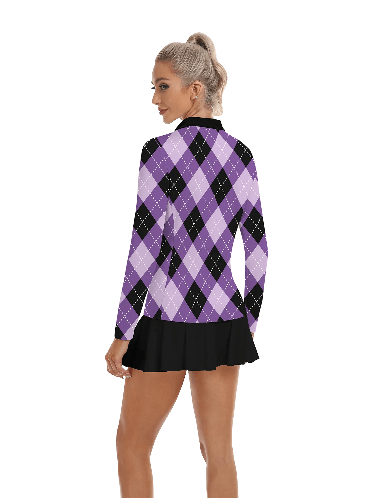 Purple and Black Argyle V-Neck Long Sleeve Polo - Suitable for Daily